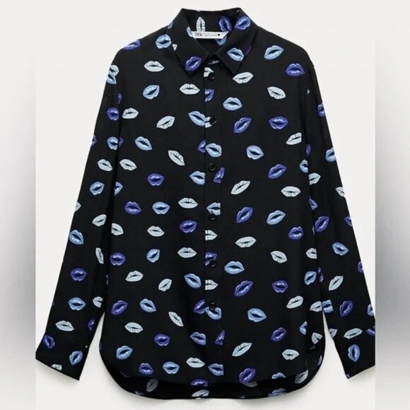 Zara Womens Button-Up Shirt With Blue Lip Print Pattern - Picture 2 of 9